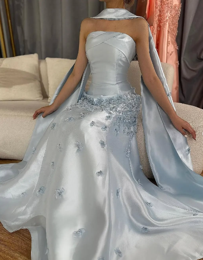 Blue Sky A Line Strapless Appliques Satin Long Prom Dress Evening Dress SH1894