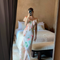 Light Pink Mermaid V Neck Print Floral Ruffle Chiffon Summer Dress Party Dress Outfits with Slit SH4174