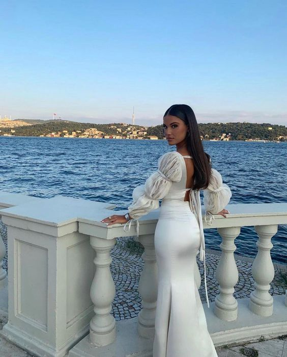 White Sequare Neck Long Mermaid Prom Dress Elegant Evening Dress SH952