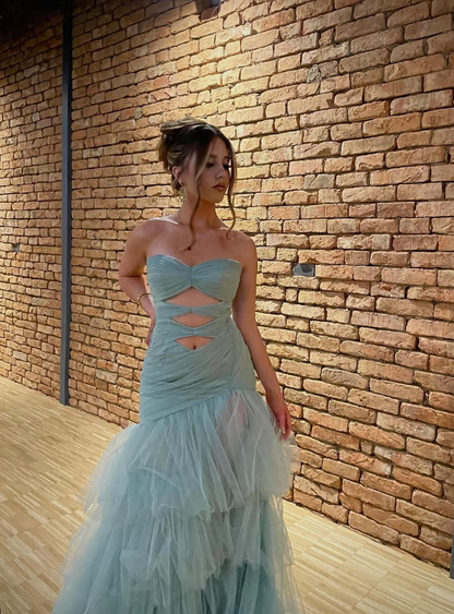 Unique Mermaid Sweetheart Neck Blue Tulle Long Prom Dress Evening Dress SH2271