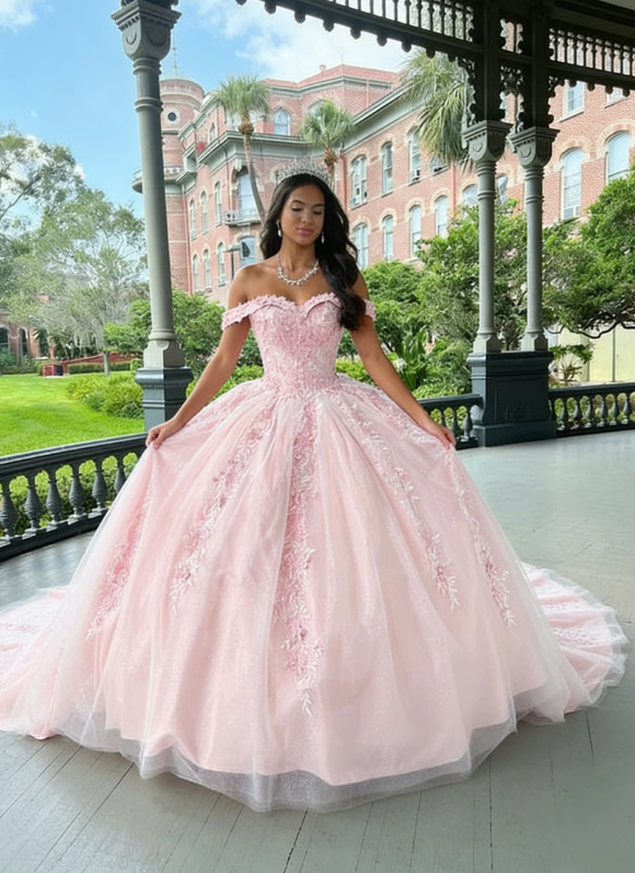 Pink Tulle Applique Long Prom Dress Quinceanera Dress Ball Gown SH970