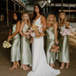 Simple Sheath Spaghetti Strap Sage Green Satin Evening Dress Bridesmaid Dress SH2784
