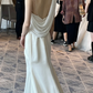 Gentle Mermaid V Neck Beaded White Satin Backless Slit Wedding Dress SH4997