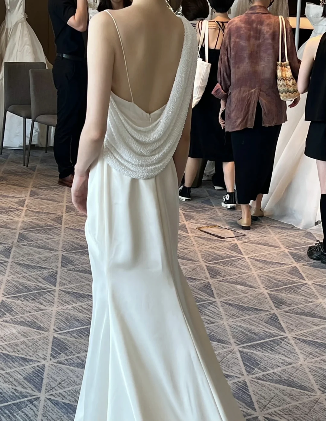 Gentle Mermaid V Neck Beaded White Satin Backless Slit Wedding Dress SH4997