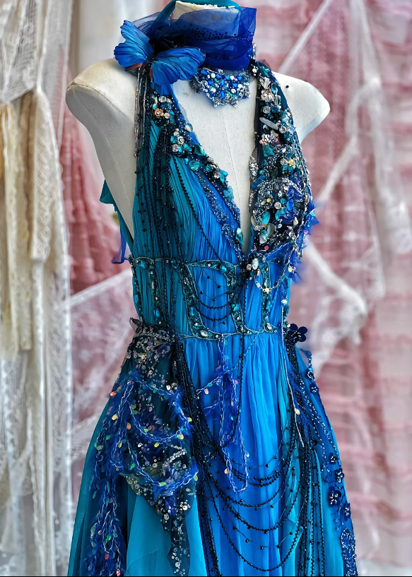 Blue Exquisite Beaded A Line V Neck Floral Chiffon Prom Dress 16th Birthday Dress SH4261
