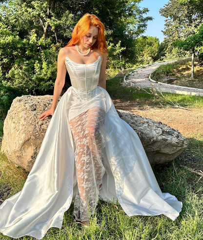 Charming A Line Strapless White Lace Satin Prom Dress Evening Dress SH2146