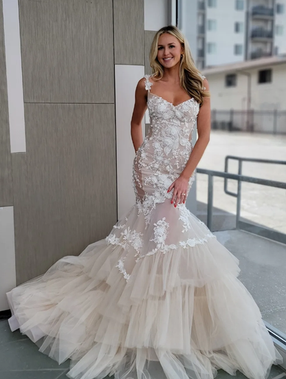 Elegant Mermaid Spaghetti Strap Light Ivory Tulle Lace Long Wedding Dress SH7103