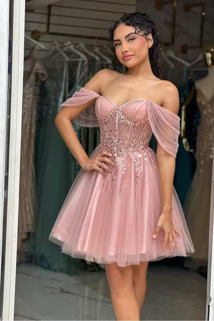 Stunning Pink Sequins Strapless Short A Line Prom Dress with Beadings SH7514