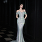 Shiny Mermaid Off the Shoulder Silver Sequin Long Evening Dress Ball Gown SH3489