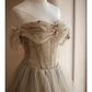 Light Camel A Line Off the Shoulder Floral Tulle Long Party Dress Prom Dress Formal Dress SH3855