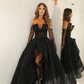 Sexy Black A Line Strapless Corset Organza Long Prom Dress Evening Dress with Slit SH6543