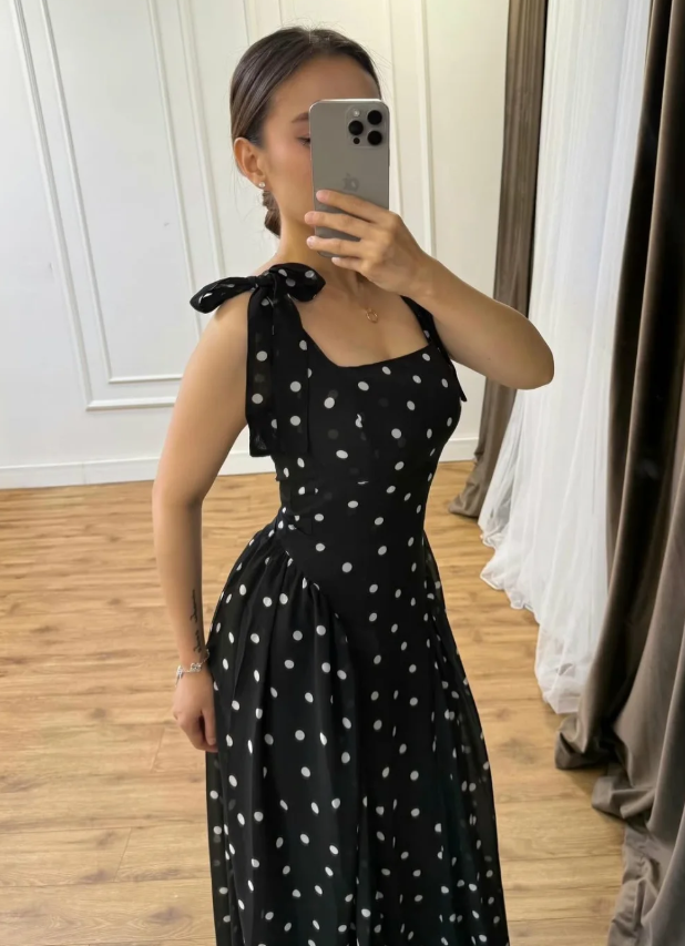 Simple Polka Dot A Line Strap Chiffon Long Prom Dress Evening Dress SH7299