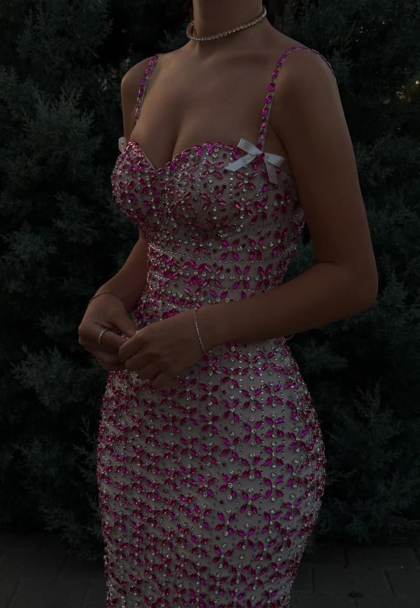 Hot Pink Sheath Spaghetti Straps Exquisite Rhinestone Tulle Long Prom Dress Evening Dress SH4626