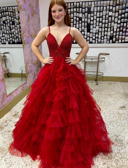 Charming Red A Line Spaghetti Strap Beaded Tulle Long Prom Dress Evening Dress SH6802