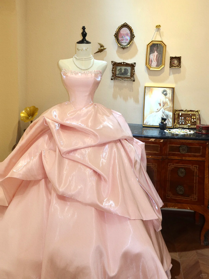 Unique Pink Ball Gown Strapless Shiny Beaded Pleated Satin Long Prom Dress Evening Dress SH7382