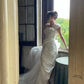 Simple Vintage Sheath Straps Pleated Satin Tulle Wedding Dress SH5074