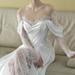 Charming White Satin Lace Long Prom Dress Wedding Dress SH968