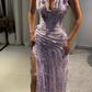 Purple Sheath V Neck Beaded Lace Open Back Prom Dress Evening Dress with Slit SH4436