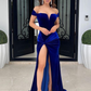 Gorgeous Off-shoulder Side Slit Velvet Royal Blue Prom Dresses SH663