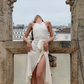 White A Line Halter Satin Open Back Long Wedding Guest Dress Party Dress with Slit SH3312