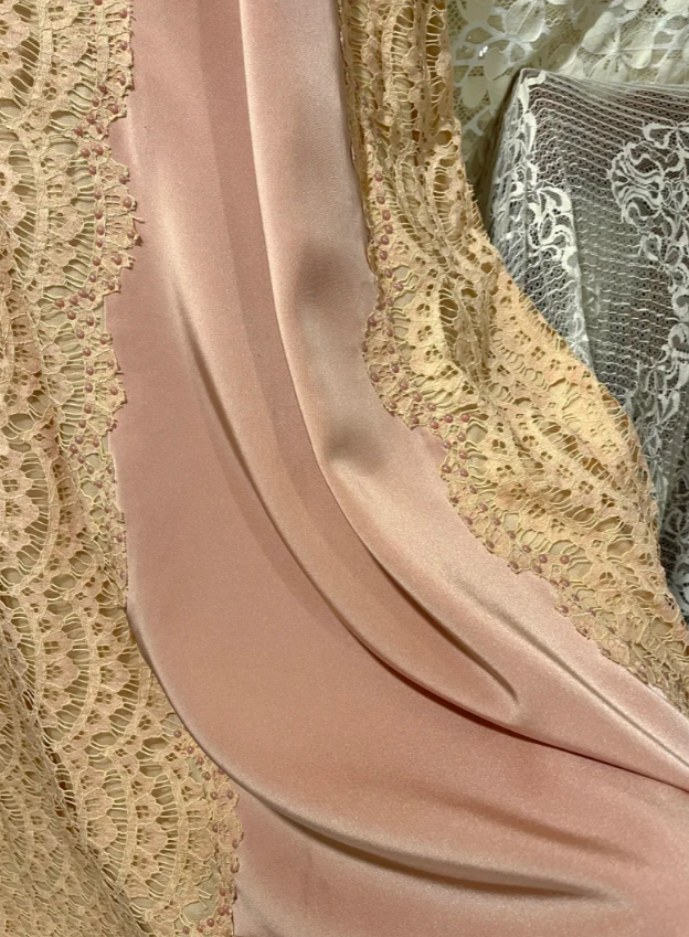 Vintage Mermaid V Neck Lace Pink Satin Prom Dress Wedding Guest Dress SH4655