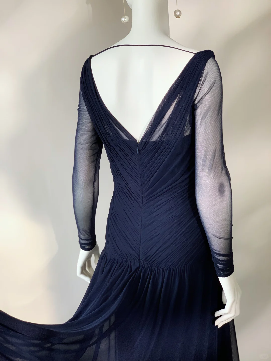 Navy Blue A Line Long Sleeve Tulle Prom Dress Evening Dress SH5131