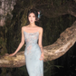 Blue Sheath Straps Print Floral Satin Long Prom Dress SH5158