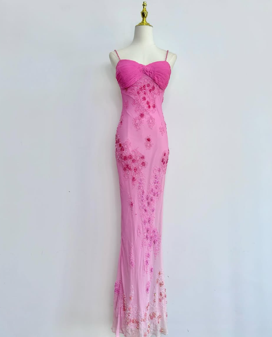 Vintage Romantic Pink Ombre Beaded Chiffon Long Prom Dress Party Dress SH4883