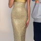 Golden Sheath Strapless Beaded Tulle Long Prom Dress Evening Dress SH4833