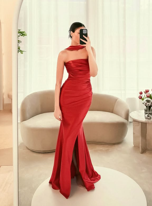 Red Romantic Mermaid Strapless Satin Slit Prom Dress Party Evening Dress SH5701