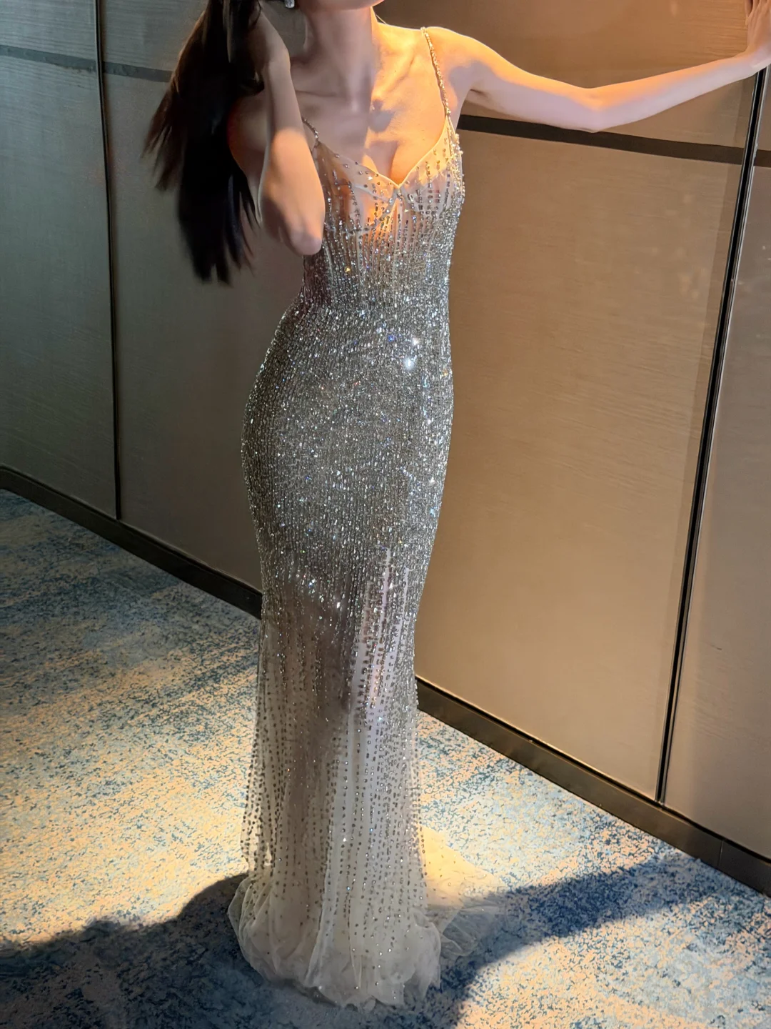 Stunning Sheath Spaghetti Strap Shiny Rhinestone Tulle Prom Dress Evening Dress SH7719