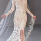 Stunning Mermaid Long Sleeve V Neck Lace Long Train Wedding Dress with Slit SH7724