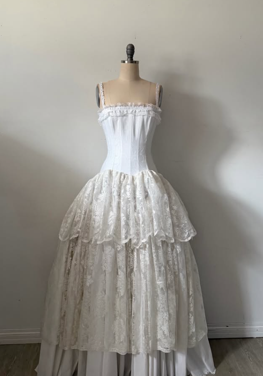Vintage A Line Spaghetti Strap Layered Lace Satin Long Prom Dress Wedding Dress SH7661