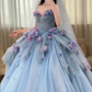 Blue Floral Ball Gown Sweetheart Neck Exquisite Beaded Tulle Long Prom Dress SH5031