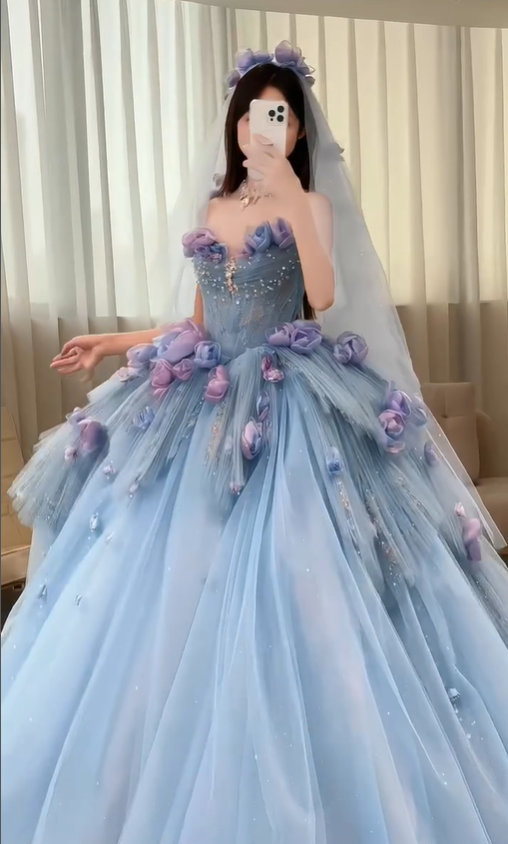 Blue Floral Ball Gown Sweetheart Neck Exquisite Beaded Tulle Long Prom Dress SH5031