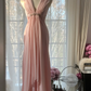 Classy A Line V Neck Beaded Pink Chiffon Satin Long Party Dress Evening Dress SH2937