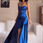 Blue A Line Spaghetti Straps Simple Satin Prom Dress Party Dress with Slit SH5056