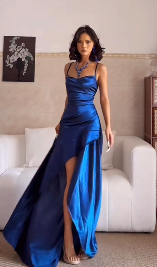 Blue A Line Spaghetti Straps Simple Satin Prom Dress Party Dress with Slit SH5056