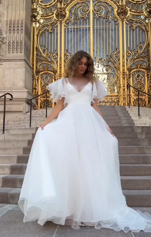 Stunning Ball Gown White Ruffle Organza Long Sweep Wedding Dress SH4709