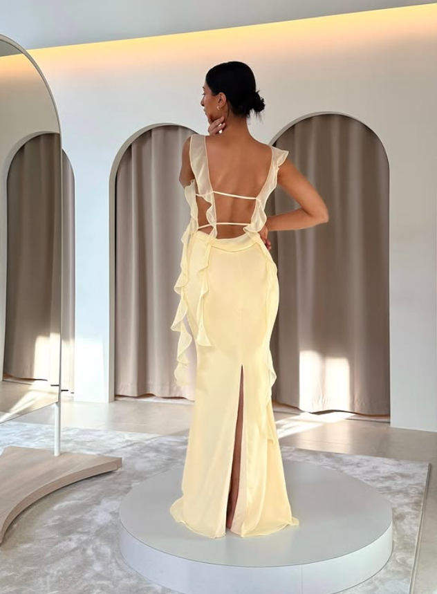 Light Yellow Mermaid Straps Ruffle Chiffon Prom Dress Date Dress SH5547