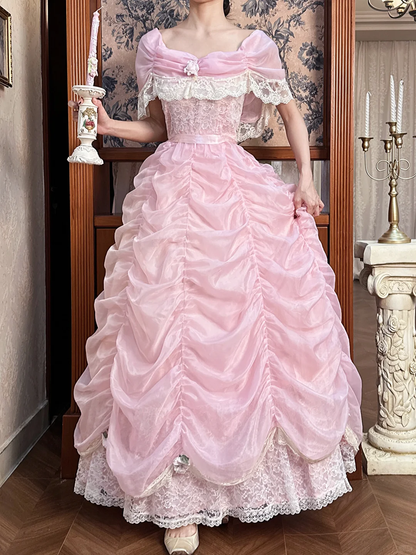 Vintage Sweety Pink Ball Gown Lace Tulle Long Prom Dress 16th Birthday Dress SH5201