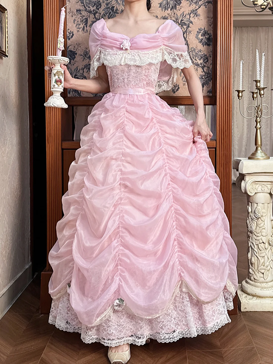 Vintage Sweety Pink Ball Gown Lace Tulle Long Prom Dress 16th Birthday Dress SH5201