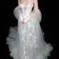 Princess Romantic Ball Gown Puff Sleeve Lace Applique Tulle Long Wedding Dress SH6620