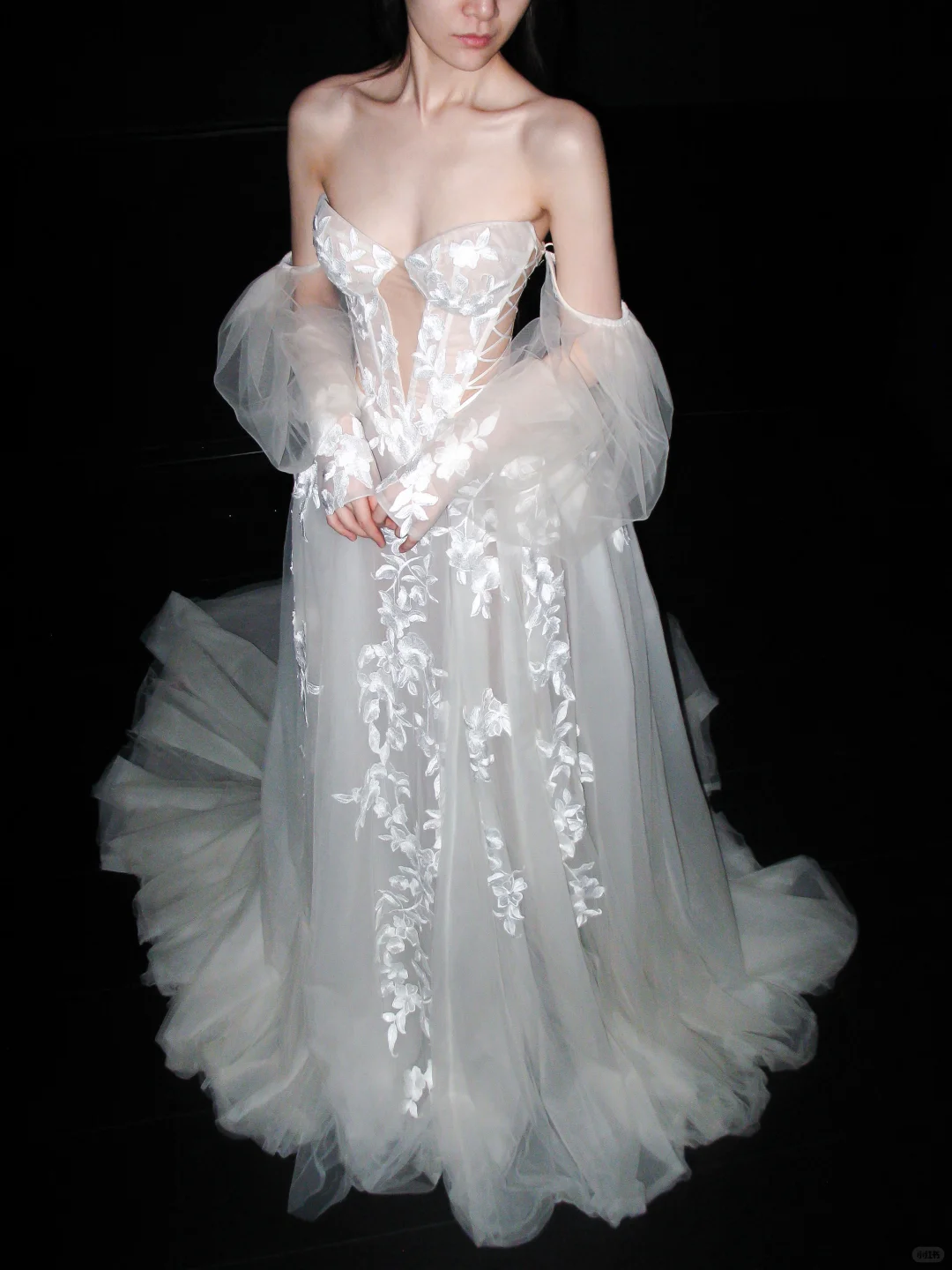 Princess Romantic Ball Gown Puff Sleeve Lace Applique Tulle Long Wedding Dress SH6620