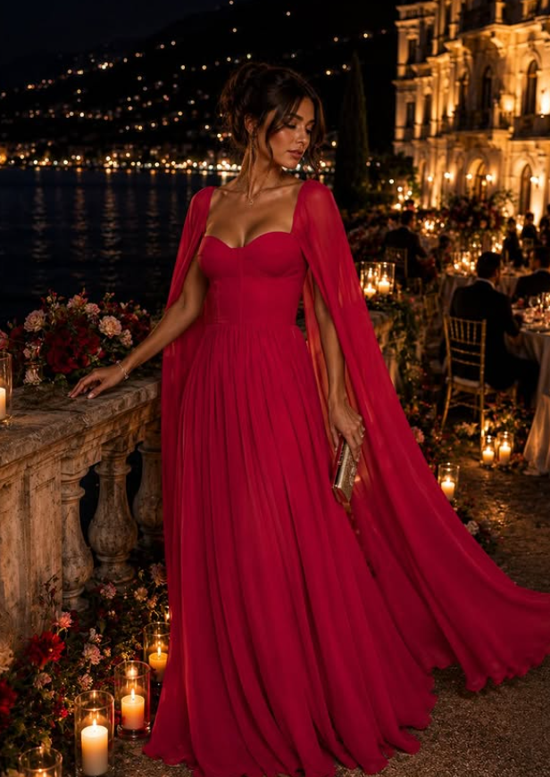 Flowy Red A Line Long Sleeve Chiffon Prom Dress Evening Dress SH6352