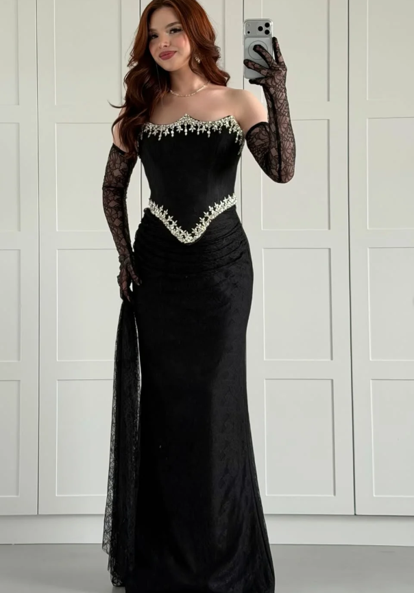 Sexy Black Sheath Strapless Beaded Lace Satin Prom Dress Evening Dress SH6016