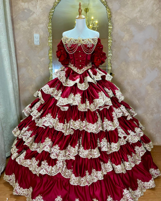 Burgundy Ball Gown Off the Shoulder Layered Lace Beaded Satin Quinceanera Dresses SH4871