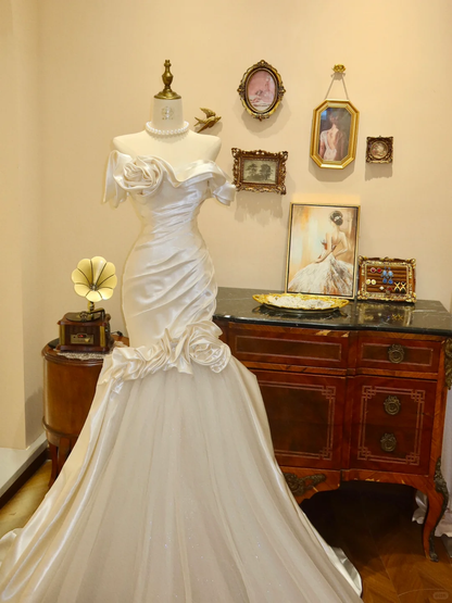Beautiful Mermaid Off the Shoulder Floral Ivory Tulle Prom Dress Wedding Dress SH7367