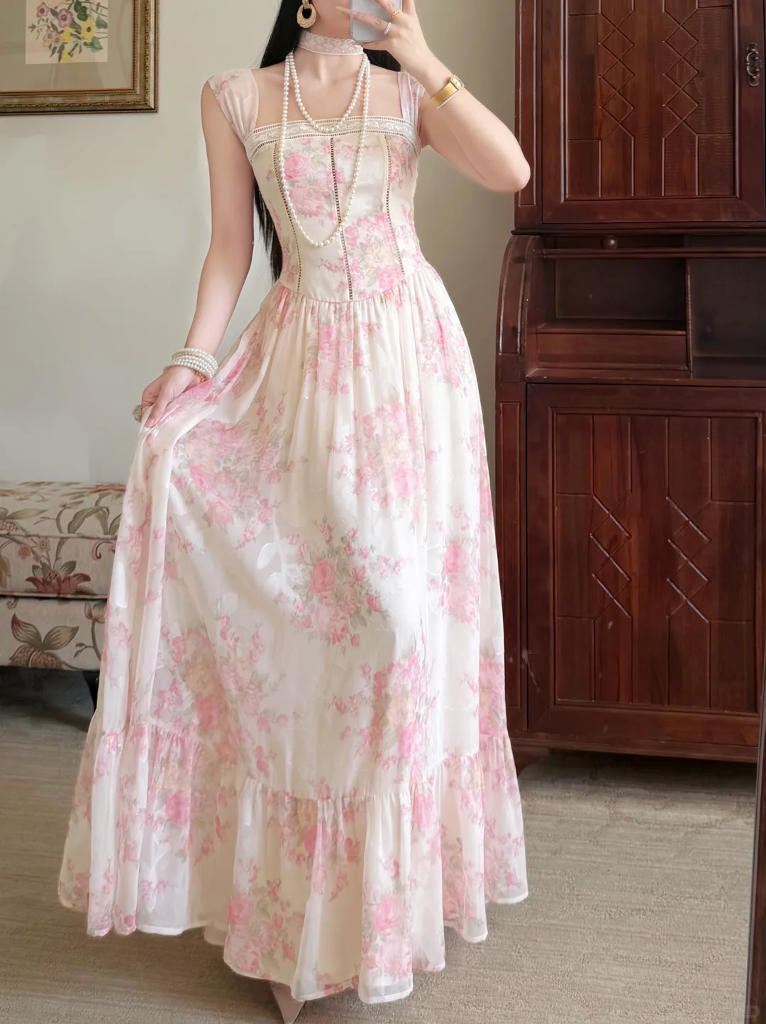 Sweety Pink Print Floral A Line Straps Chiffon Prom Dress Evening Dress SH6766