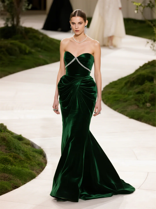 Classic Green Mermaid Sweetheart Neck Beaded Velvet Prom Dress Evening Dress SH5113